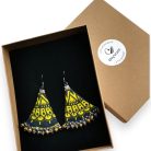 Olive Royale- egyedi afrikai textil statement fülbevaló oliva-fekete színben, kristálygyöngyökkel