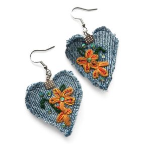 Virágos szív farmer fülbevaló-sárga