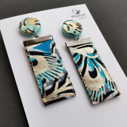 Színes fülbevaló- hosszú kék-arany mintás elegáns textilékszer