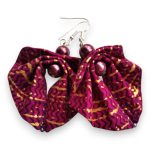 Moyo Leaf hajtogatott levél forma afrikai textil fülbevaló, püspöklila-arany textilékszer