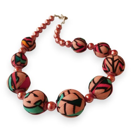 Bubble Berry színes golyós nyaklánc afrikai textillel bevont golyókból, üveg teklagyöngyökkel, rózsaszín, narancs, zöld árnyalatokkal