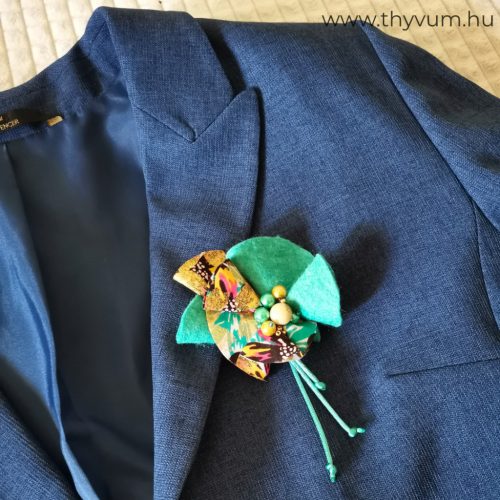Fodortánc türkiz arany mintás textil kitűző